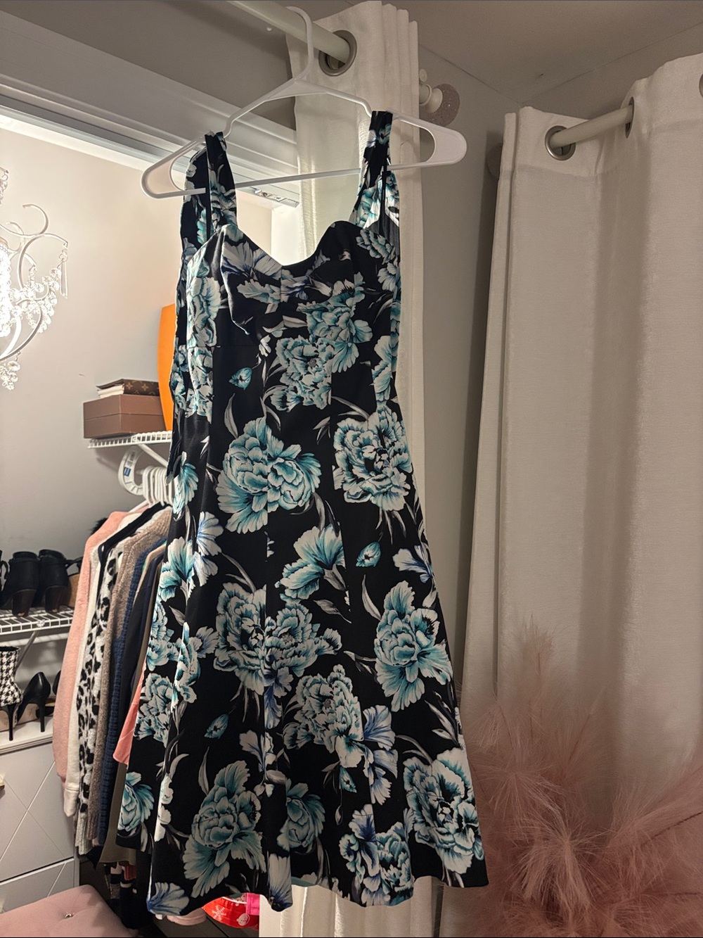 White House Black Market Black Mini Dress with Teal Floral Print